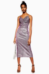 TOPSHOP Glitter Midi Slip Dress in Pink / ruched front going out dresses