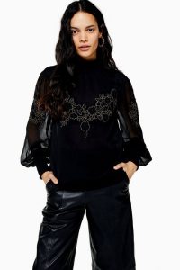 TOPSHOP High Neck Sheer Broderie Blouse in Black