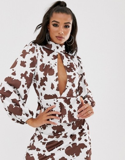 House Of Stars backless top in cow print with tie detail and cut out co-ord | high neck keyhole front blouse