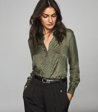 REISS LUCINDA SILK BLEND BURNOUT PATTERN BLOUSE KHAKI / green snake prints