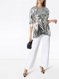 MARKOO cut-out side blouse in metallic-silver / high-shine top