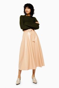 TOPSHOP Nude Full Circle Vinyl Midi Skirt / shiny belted skirts