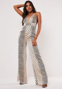 MISSGUIDED petite champagne polka dot satin wide leg jumpsuit ~ strappy plunge front jumpsuits