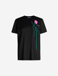 PRADA Floral-appliquéd cotton-blend T-shirt in black & pink / designer tee