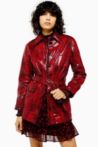 TOPSHOP Red Snake Print Belted Vinyl Coat / high-shine coats