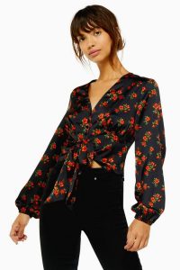 TOPSHOP Rose Floral Print Tie Front Blouse in Black