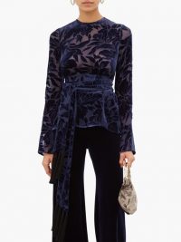 GALVAN Winter Jungle belted devoré-velvet top in navy ~ chic evening tops