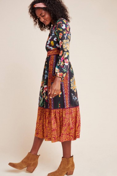 ANTHROPOLOGIE Adair Velvet-Trimmed Midi Dress Black Motif / multi print fashion