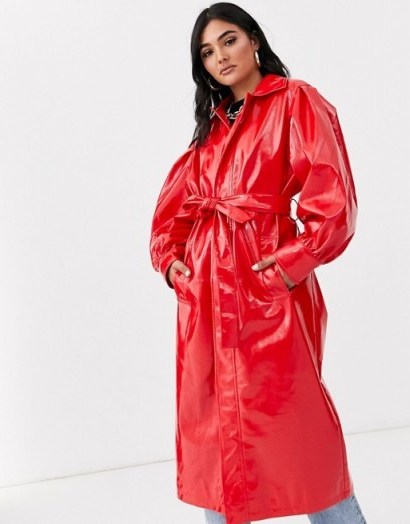 ASOS DESIGN vinyl trench coat in red / shiny tie waist mac