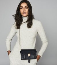 REISS AUBREY CROC EMBOSSED CROC LEATHER CROSS BODY BAG NAVY