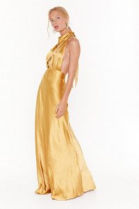 NASTY GAL Big Entrance Satin Maxi Dress in Mustard