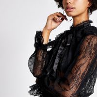 RIVER ISLAND Black lace ruffle blouse – sheer high neck blouses