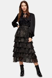 TOPSHOP Black Tiered Floral Midi Skirt