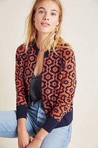 ANTHROPOLOGIE Bonnie Floral-Knit Bomber Jacket Navy