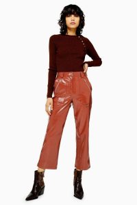 TOPSHOP Brown Vinyl Straight Leg Trousers / high shine cropped pants