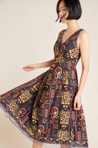 Eva Franco Cecily Embroidered Midi Dress / floral embroidery / sleeveless fit and flare