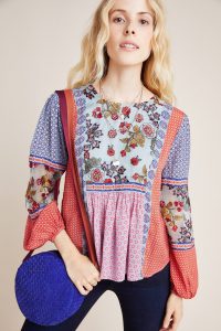 ANTHROPOLOGIE Elisabeth Embroidered-Peasant Blouse Red Motif