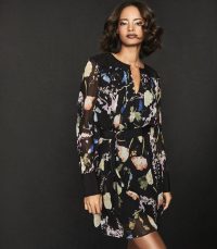 REISS FINN FLORAL-PRINT CRINKLED SHEER DRESS BLACK