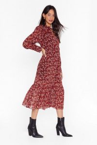 NASTY GAL Garden Party Floral Midi Dress in Red / tiered hem dresses / prairie style fashion