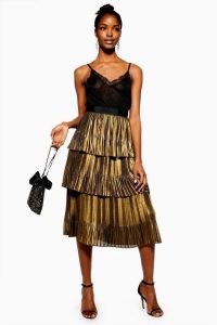 TOPSHOP Gold Metallic Tiered Midi Skirt – party fashion