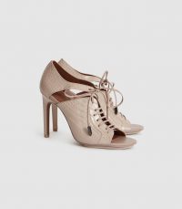 REISS MILA LEATHER LACE UP HEELED SHOES TRUFFLE / croc embossed cut-out heels