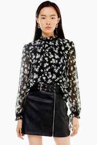 TOPSHOP Sheer Tulip Print Pie Crust Blouse / sheer sleeved high neck blouses