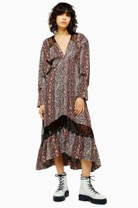 TOPSHOP Snake Print Lace Trim Smock Dress / loose fit midi dresses