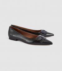 REISS TAMZINE LIZARD LEATHER POINT TOE FLATS BLACK