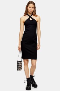 TOPSHOP Black Cross Halter Neck Bodycon Midi Dress – going out lbd