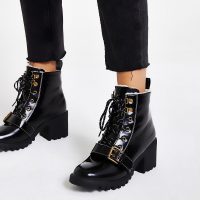 RIVER ISLAND Black lace-up borg trim hiker boots – chunky fur lined boot