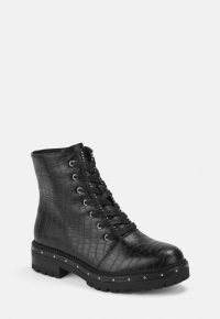 MISSGUIDED black mock croc ball stud biker boots – studded lace-up boot