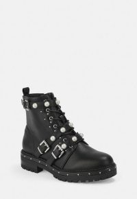 MISSGUIDED black mock pearl strap biker boots – embellished buckle boot