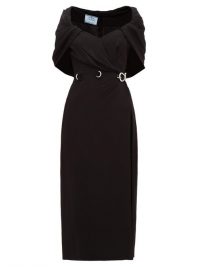 PRADA Buckled-waist cape cady-crepe dress in black ~ vintage style evening wear