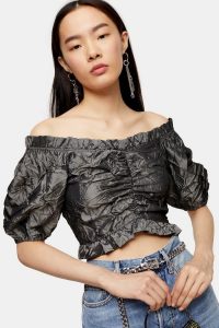 TOPSHOP Crushed Satin Prairie Blouse Gunmetal – frill trimmed crop top