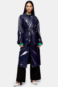 TOPSHOP Boutique Faux Leather Vinyl Trench Navy Blue