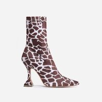 EGO Flore Pyramid Heel Ankle Boot In Giraffe Print Faux Suede