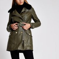 RIVER ISLAND Khaki faux leather belted jacket – dark-green longline jackets