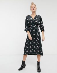 Monki velvet midi floral print wrap dress in black / tie waist dresses