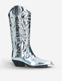 OFF-WHITE C/O VIRGIL ABLOH “FOR WALKING” metallic-leather heeled ankle boots in silver ~ designer western boots