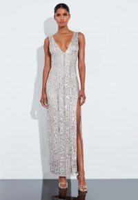 MISSGUIDED peace + love silver plunge embellished split maxi dress – glamorous thigh high slit dresses