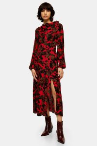 TOPSHOP Red Rose Print Tie Neck Dress