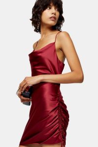 TOPSHOP Red Satin Ruched Mini Slip Dress – strappy side-gathered cami dresses