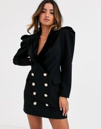 Ronny Kobo mayaletta statement shoulder blazer dress with buttons black – 80s style power dressing – evening glamour – lbd