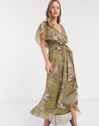 ASOS DESIGN split sleeve cape back dipped hem maxi dress with tie shoulder in vintage bouquet floral / long feminine floaty dresses