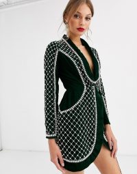 ASOS DESIGN velvet tux with pearl embellishment in forest green – luxe style tuxedo dresses