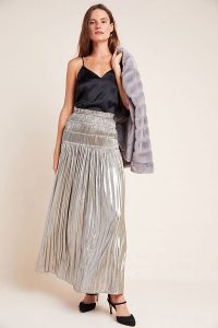 Current Air Zadie Metallic Maxi Skirt in Silver ~ smocked waist skirts