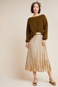 Maeve Natalia Sequinned Midi Skirt in Bronze ~ metallic pleats