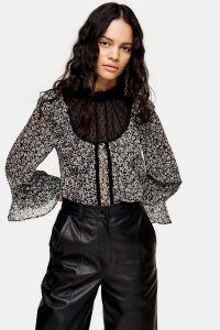 TOPSHOP Black And White Bow Ditsy Flock Frill Blouse