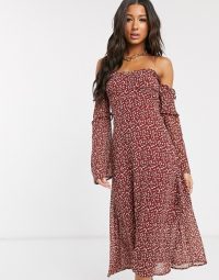 Boohoo bardot midi dress with flare sleeves in red ditsy floral / semi sheer off the shoulder dresses