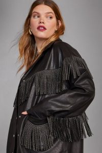 NASTY GAL x Cara Delevingne Rebel Heart Faux Leather Plus Jacket in black – fringed jackets